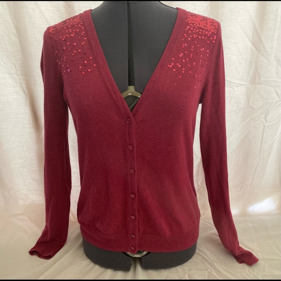 Red Sequined Button Up Cardigan - Picture 1 of 5